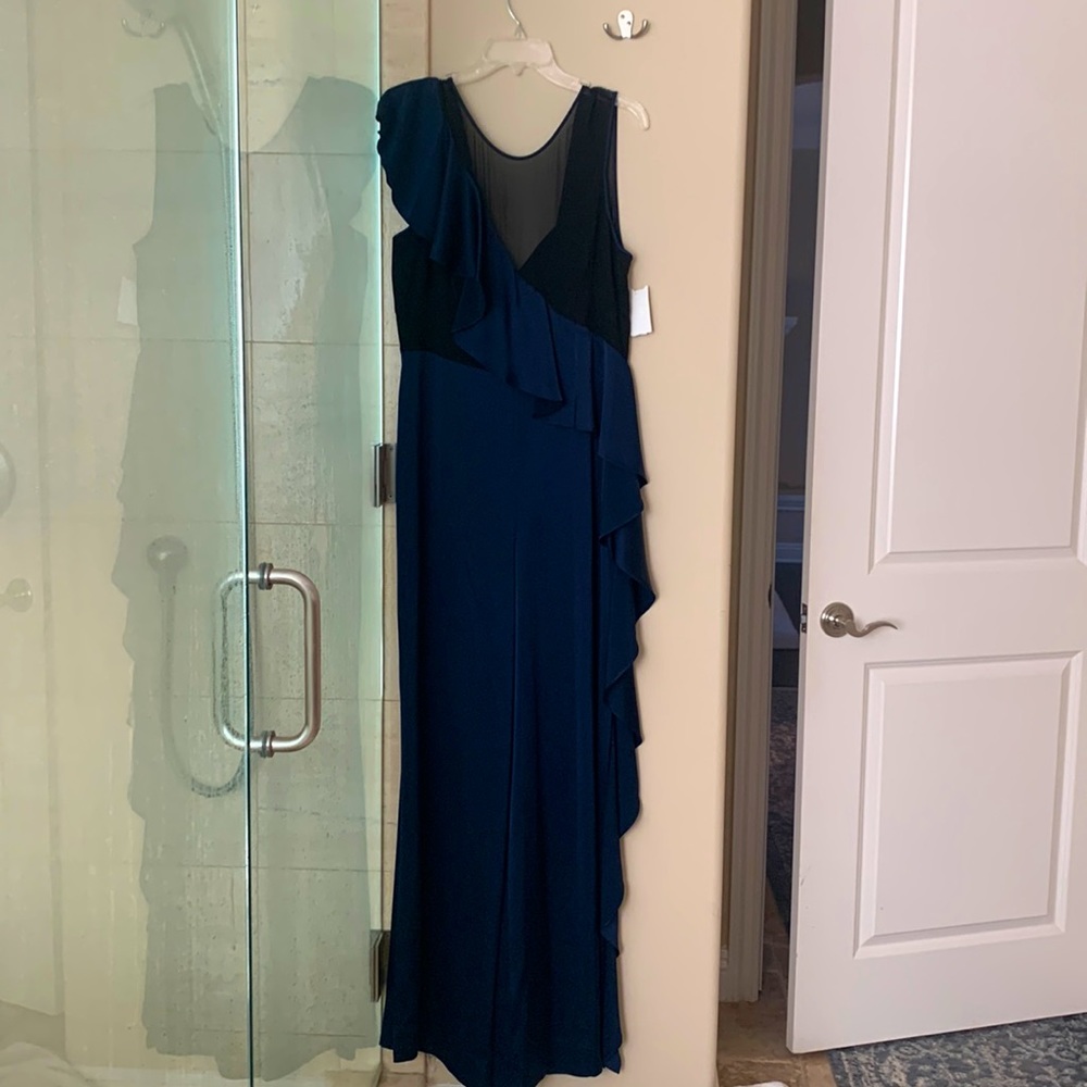 Diane Von Furstenberg blue and black ruffle satin jumpsuit